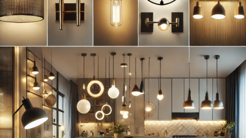 DALL·E 2024-10-23 11.04.52 - A detailed image featuring a variety of lighting types in one scene. The image includes a modern chandelier hanging from the ceiling, elegant wall sco