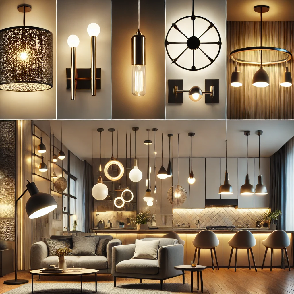 DALL·E 2024-10-23 11.04.52 - A detailed image featuring a variety of lighting types in one scene. The image includes a modern chandelier hanging from the ceiling, elegant wall sco